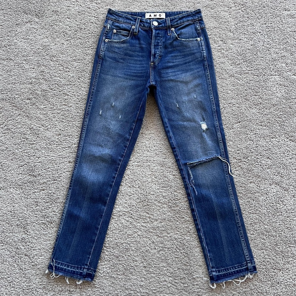 AMO Babe Dive Bar Destroy Jeans Womens 26 Blue Mid Rise Distressed Raw Hem